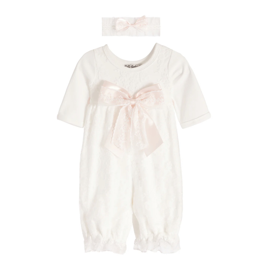 Ivory L/S pink bow lace romper طقم مواليد
