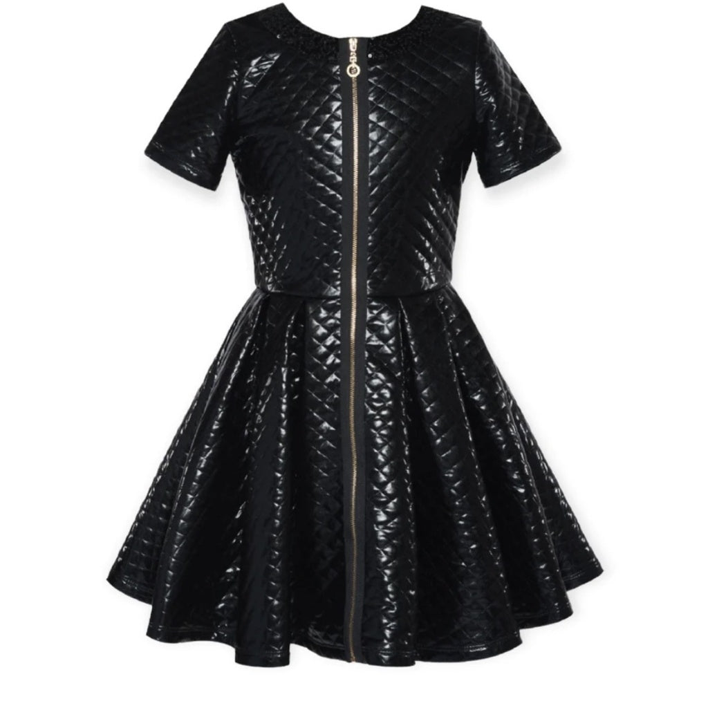 BLACK QUILTED DRESS WITH DOUBLE ZIP DETAIL فستان لون أسود