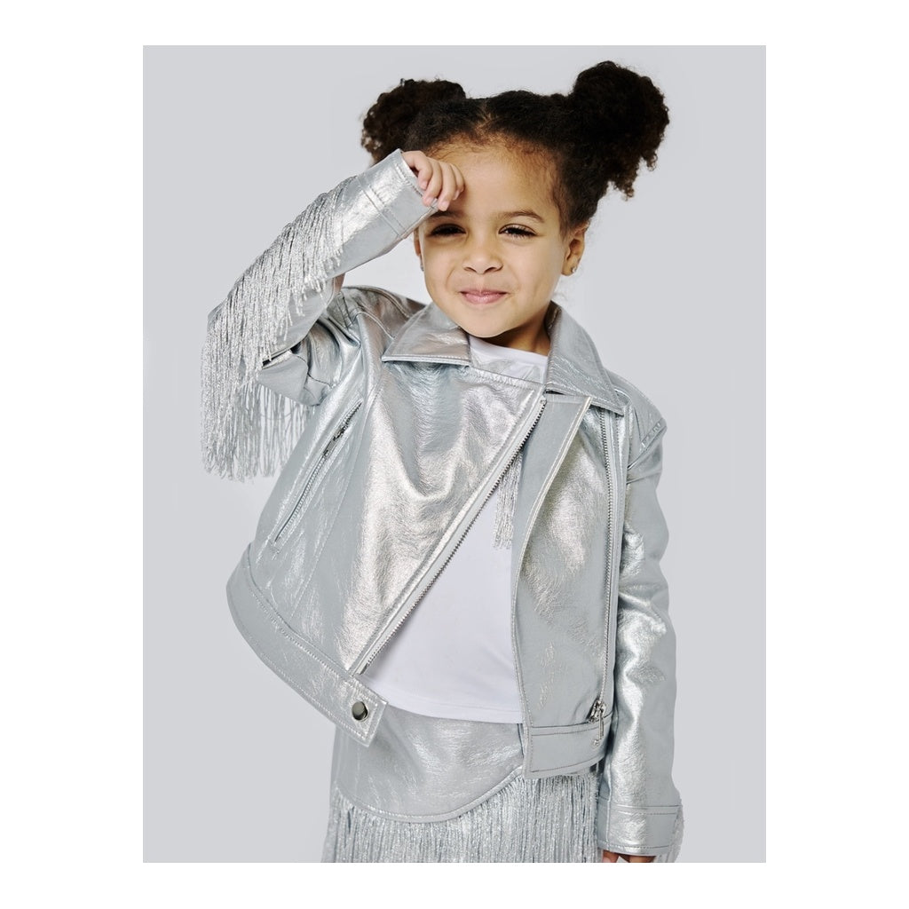 SILVER FAUX LEATHER METALLIC MOTO JACKET w/ FRINGE جاكيت لون فضي
