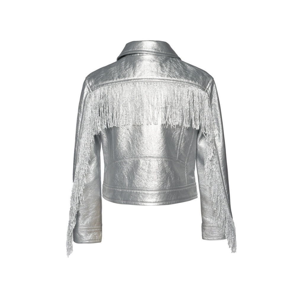 SILVER FAUX LEATHER METALLIC MOTO JACKET w/ FRINGE جاكيت لون فضي