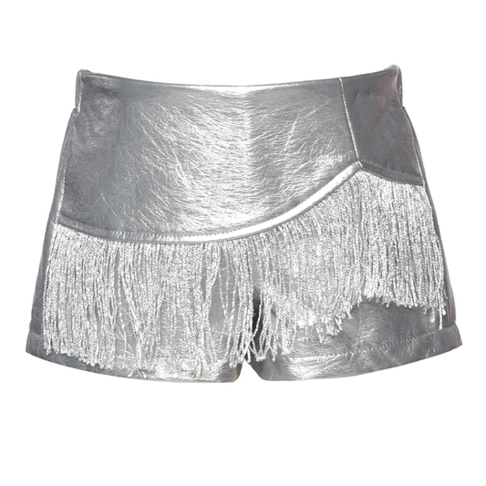 SILVER FAUX LEATHER METALLIC SHORT w/ FRINGE BACK شورت لون فضي