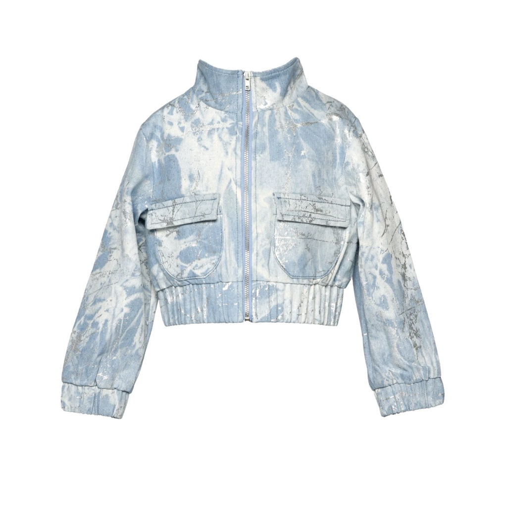 BLUE METALLIC PRINT DENIM BOMBER JACKET w/ SEQUIN جاكيت جينز