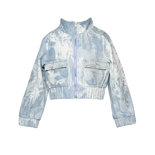 BLUE METALLIC PRINT DENIM BOMBER JACKET w/ SEQUIN جاكيت جينز
