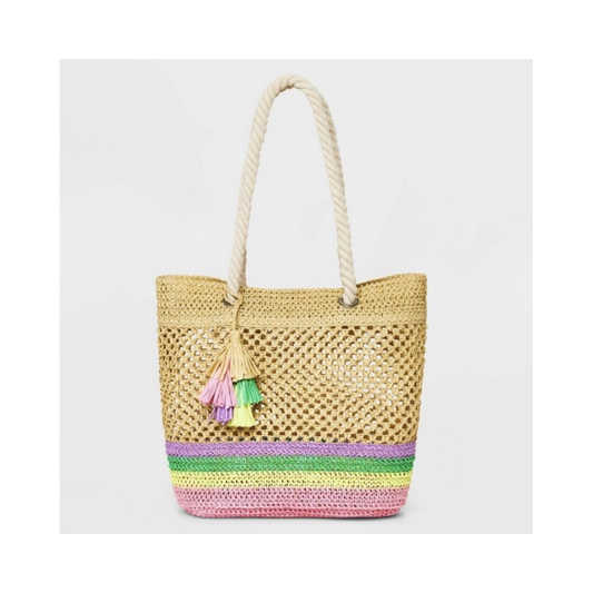 Beach Bag With Pastel Tasel حقيبة قش