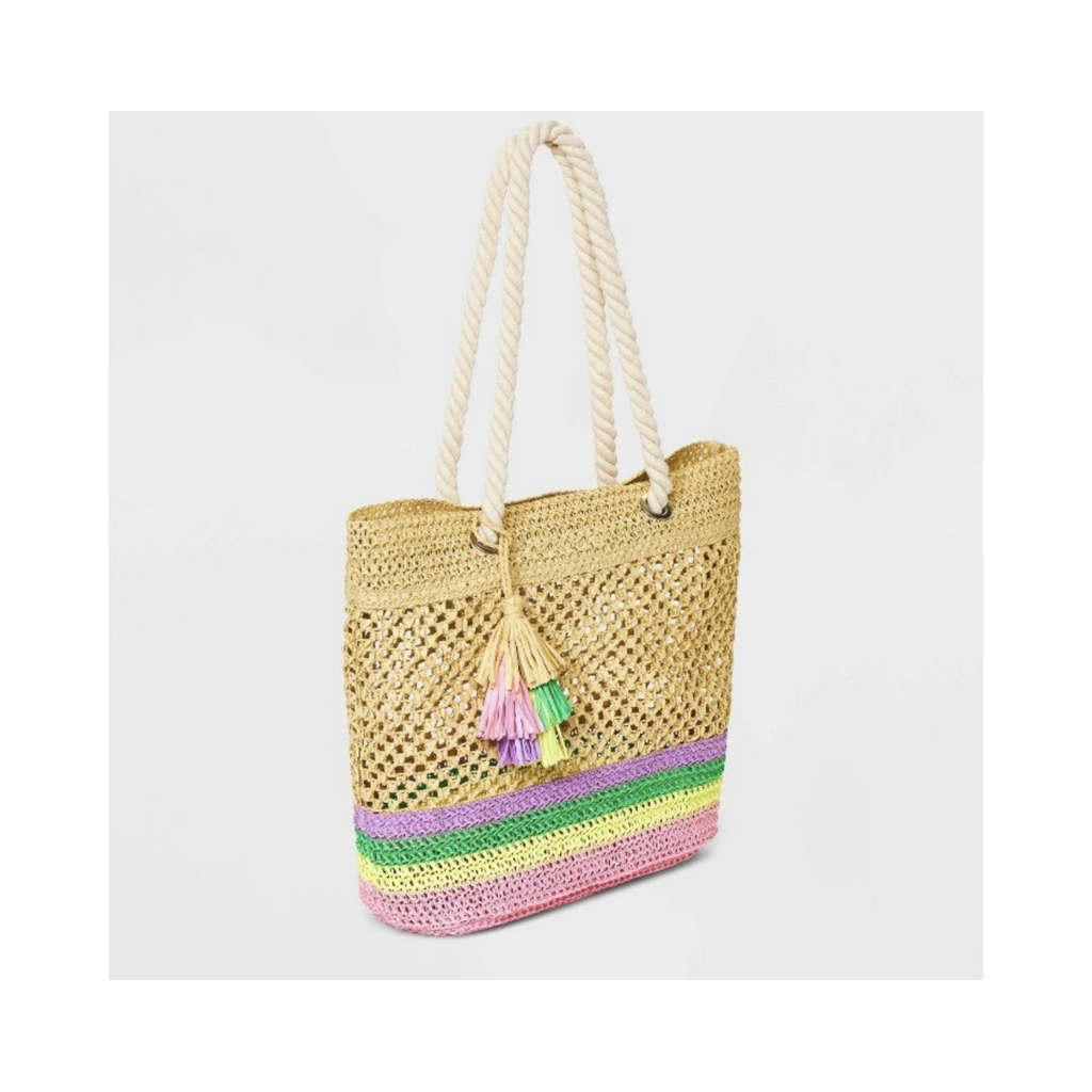 Beach Bag With Pastel Tasel حقيبة قش