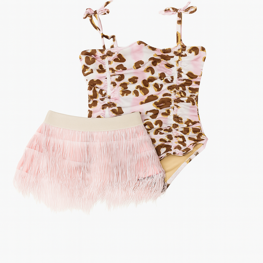 Metallic Leopard Girls Swimsuit & Fringe Skirt Swim Set