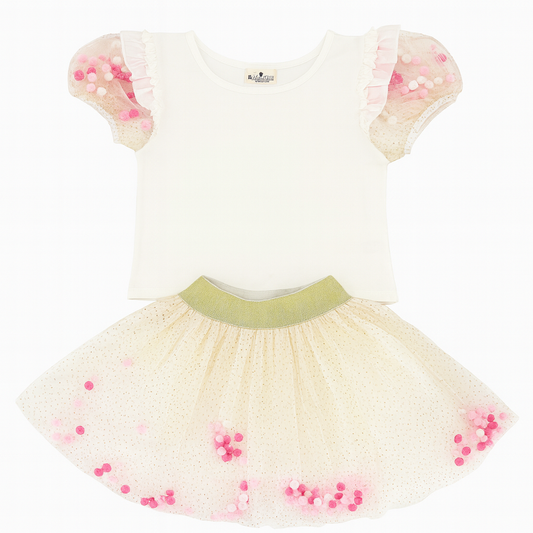Pompom Glitter Mesh top & Tutu Set طقم بلوزة وتنورة