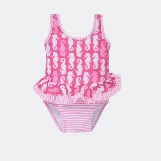 Happy Pink Seahorses  Stella Ruffle Swimsuit ملابس سباحة