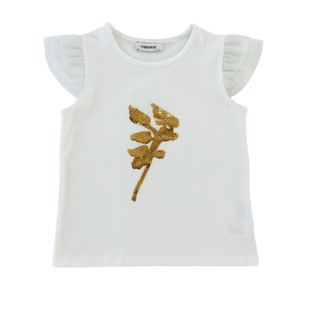 White Cap Slv Knitted Tee w/Leaf Sequin Patch بلوزة لون أبيض مع ذهبي