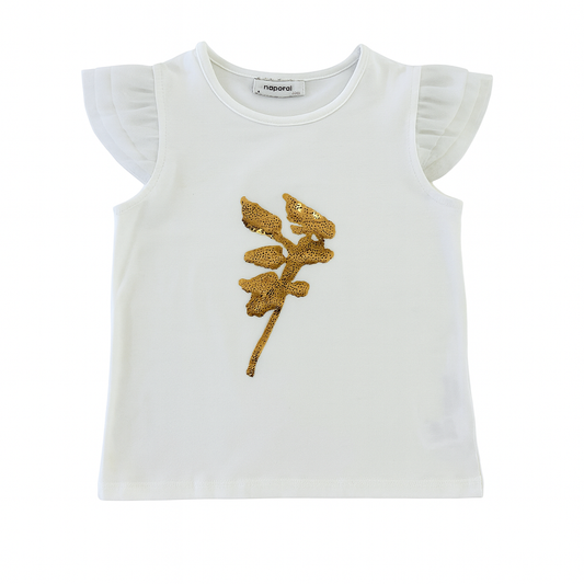 White Cap Slv Knitted Tee w/Leaf Sequin Patch بلوزة لون أبيض مع ذهبي