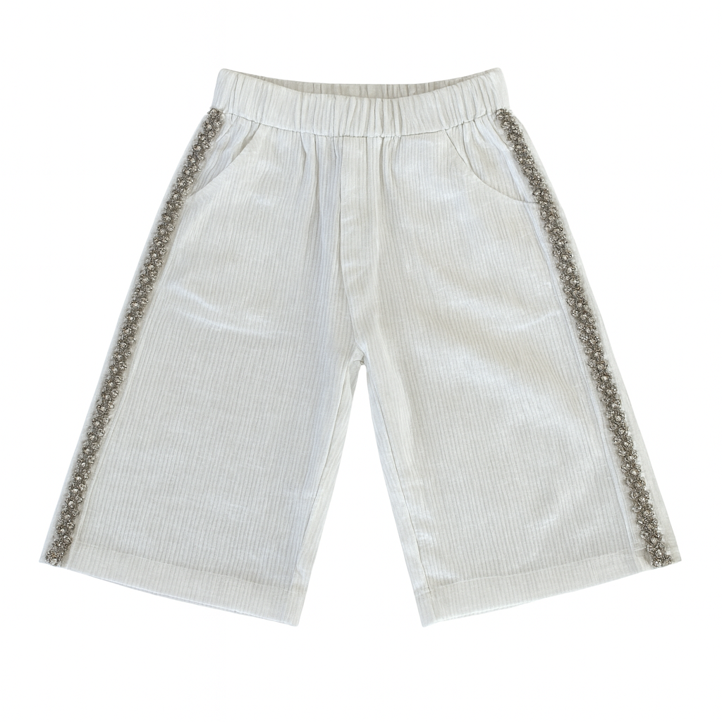 White Embellish Trim Wide Pants بنطلون لون آبيض مع ستراس