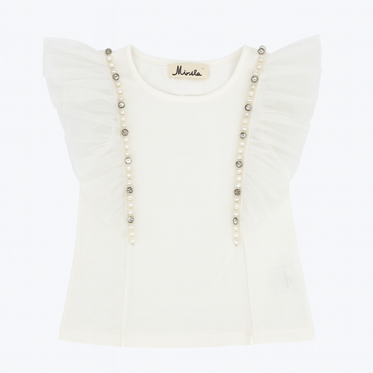 White Flutter Slv Embalished Tee