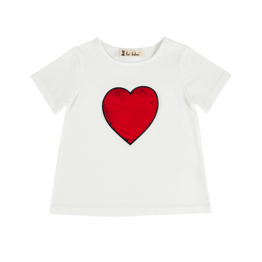 White Knit Tee Heart Sequined Patch بلوزة لون أبيض