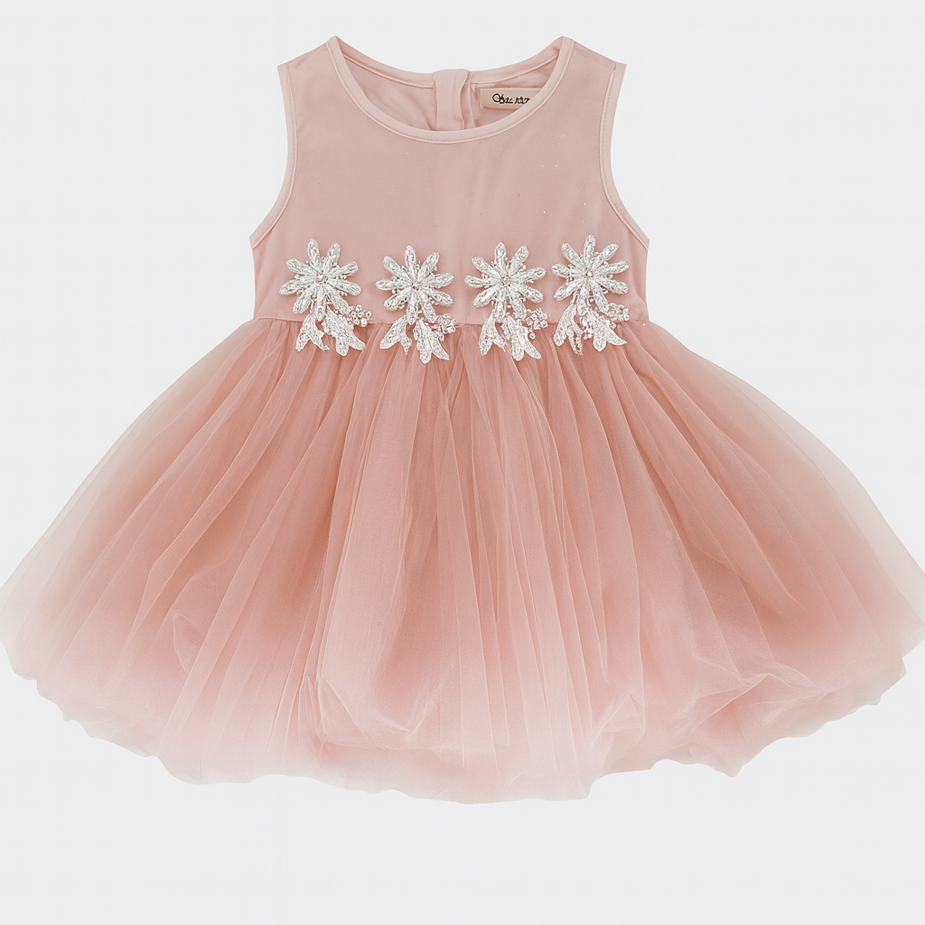 Pink Floral Waist Trim Tulle Dress فستان لون وردي