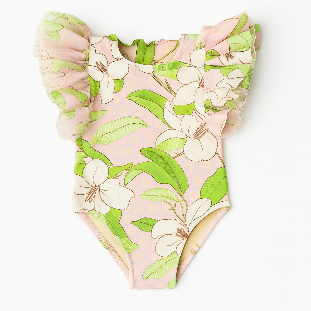Hibiscus Botanical Pink Girls Tulle Sleeve Swimsuit ملابس سباحة