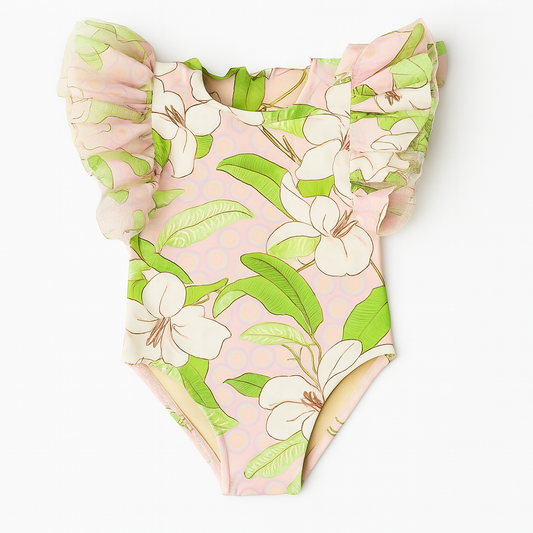 Hibiscus Botanical Pink Girls Tulle Sleeve Swimsuit ملابس سباحة