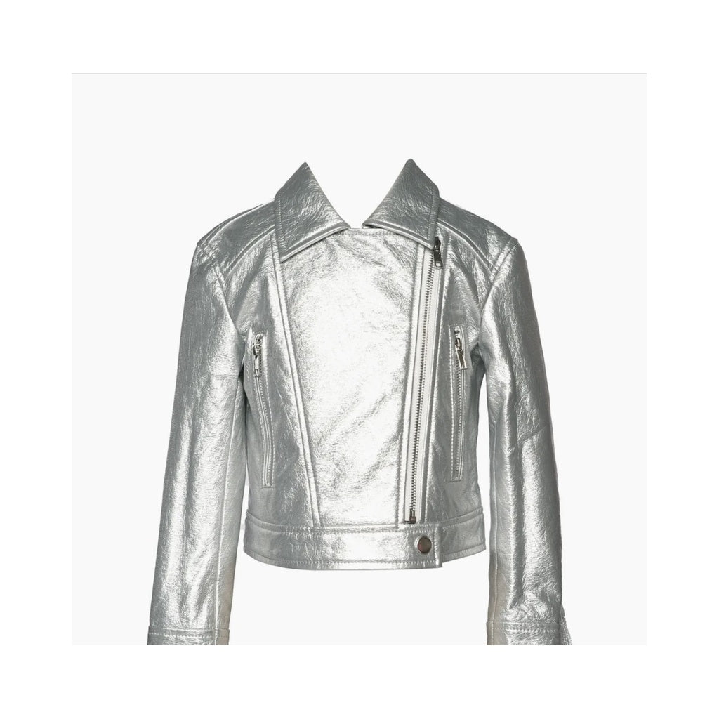 SILVER FAUX LEATHER METALLIC MOTO JACKET w/ FRINGE جاكيت لون فضي