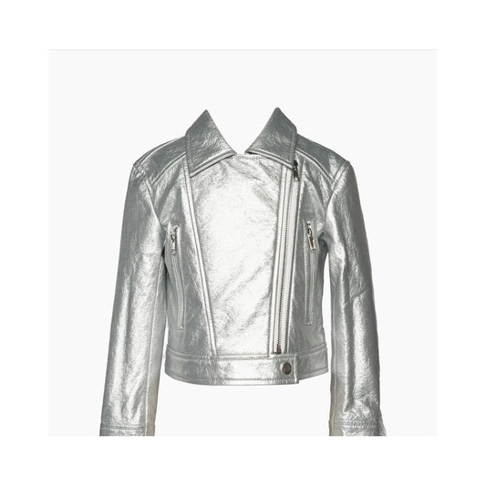 SILVER FAUX LEATHER METALLIC MOTO JACKET w/ FRINGE جاكيت لون فضي