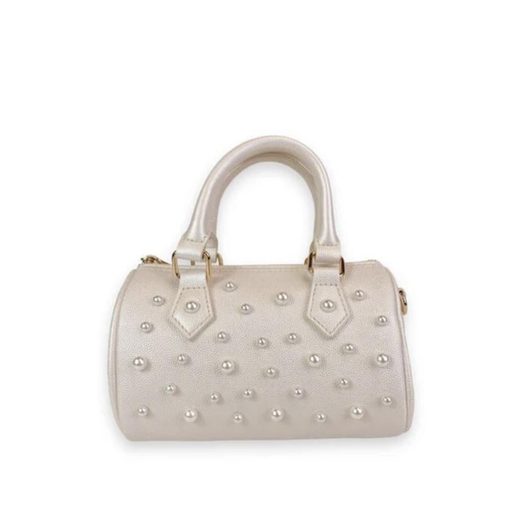 White Pearl Studs Leather Barrel Bag حقيبة لون أبيض