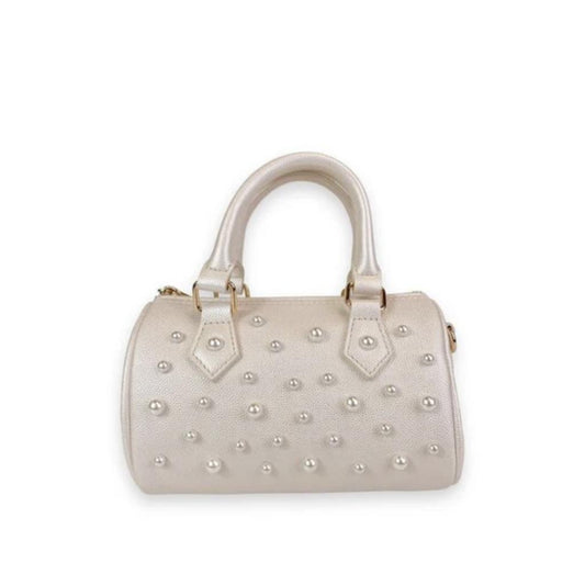 White Pearl Studs Leather Barrel Bag حقيبة لون أبيض