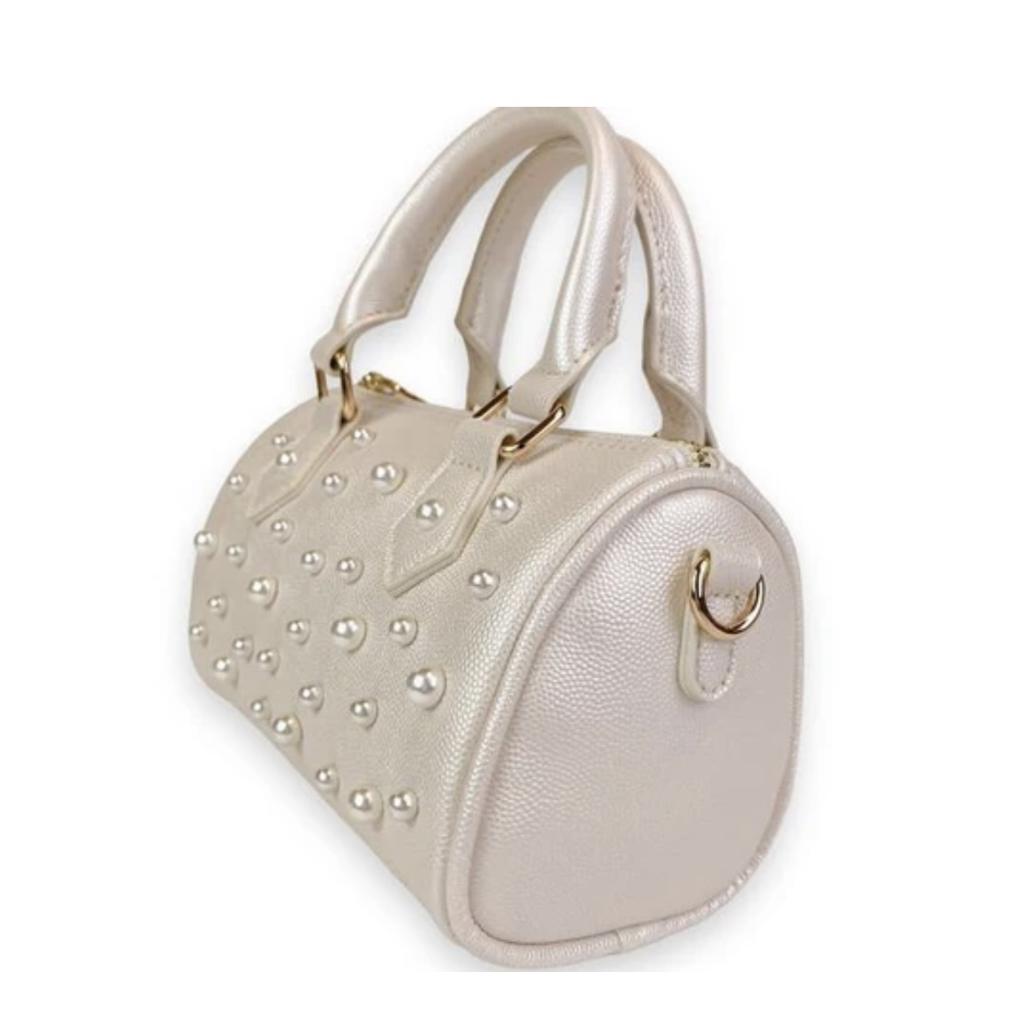 White Pearl Studs Leather Barrel Bag حقيبة لون أبيض