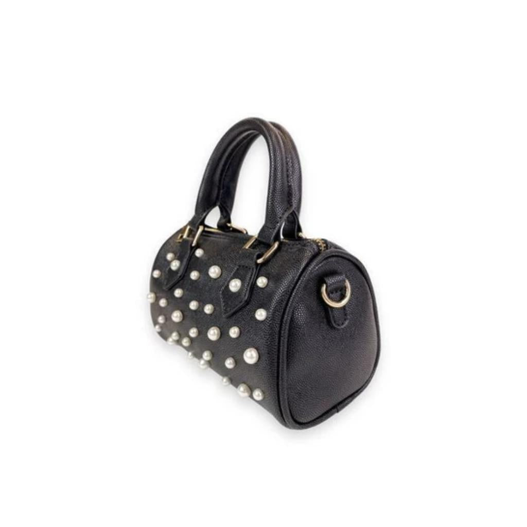 Black Pearl Studs Leather Barrel Bag حقيبة لون أسود