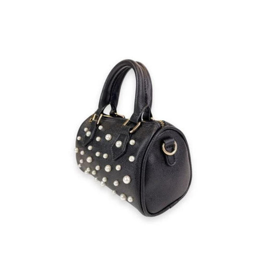 Black Pearl Studs Leather Barrel Bag حقيبة لون أسود