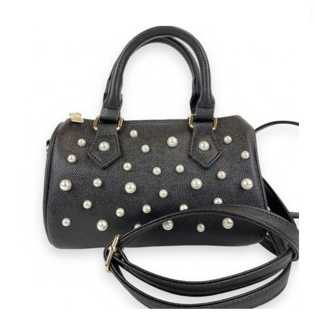 Black Pearl Studs Leather Barrel Bag حقيبة لون أسود