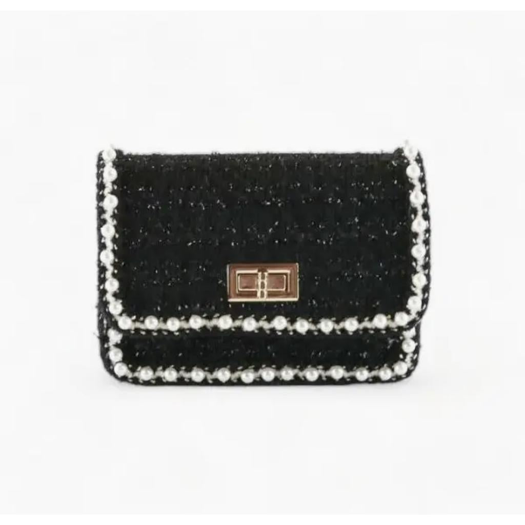 Black Pearl Trim Tweed Purse حقيبة لون أسود