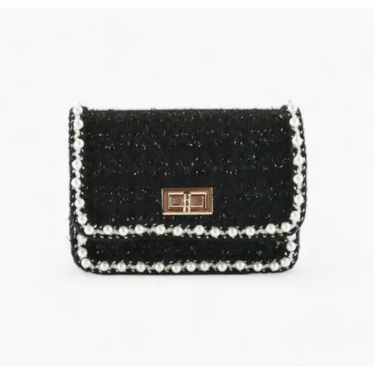 Black Pearl Trim Tweed Purse حقيبة لون أسود